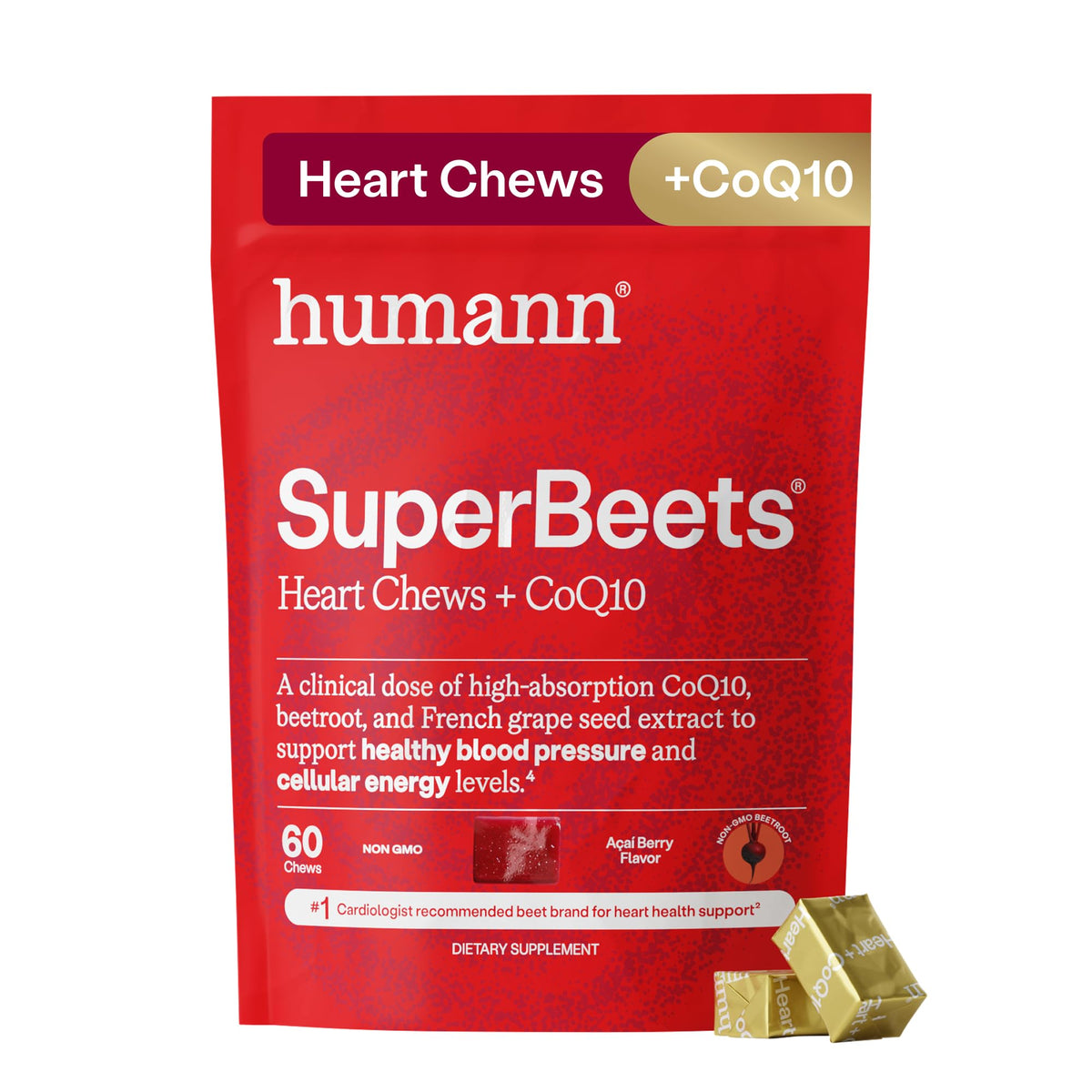 HumanN frasco delantero de SuperBeets Chews mostrando envase y beneficio