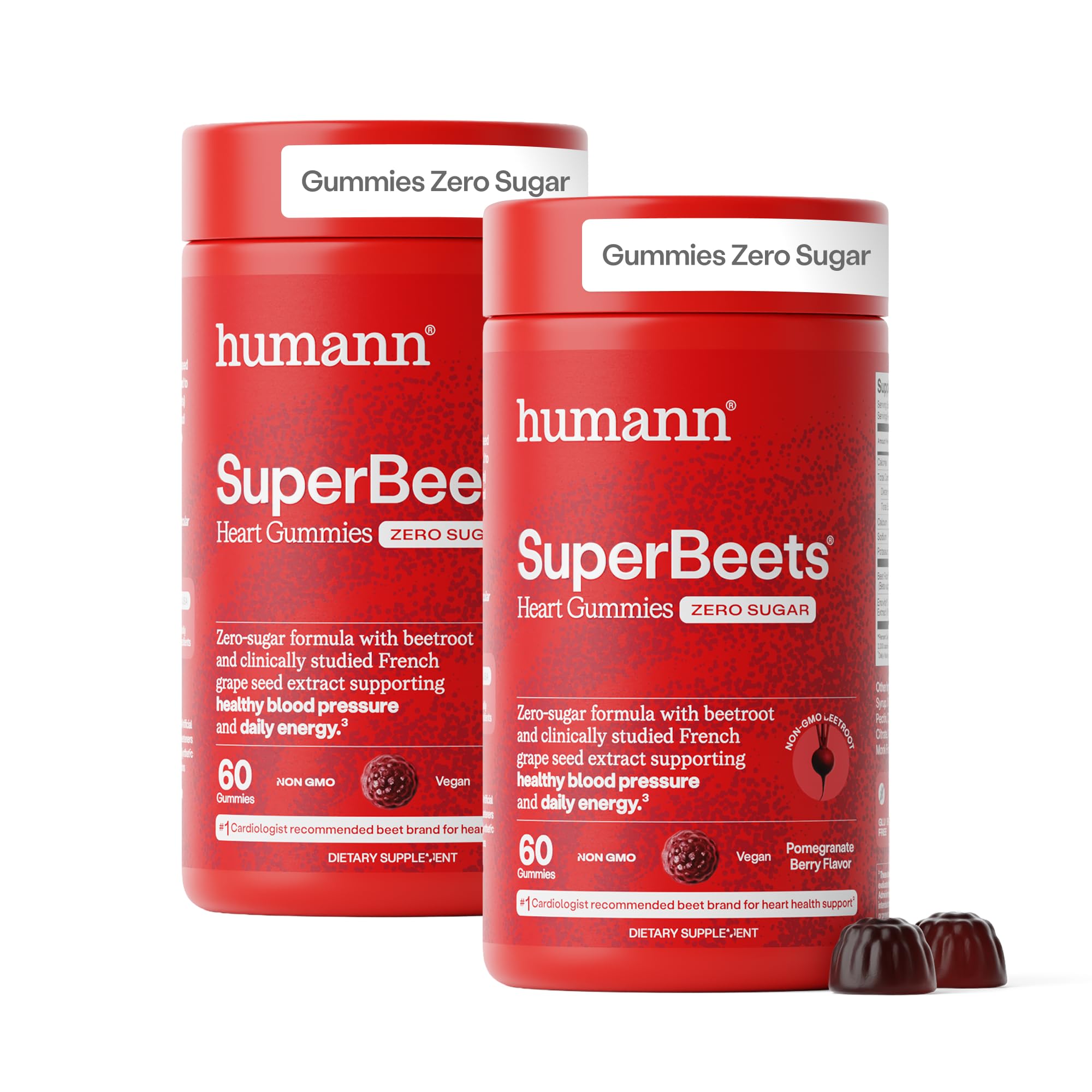 HumanN frasco frontal mostrando SuperBeets Heart Gummies y claridad del producto