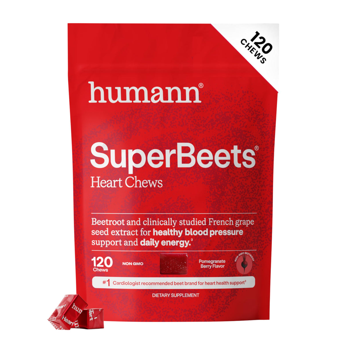 HumanN empaque frontal de SuperBeets Heart Chews mostrando cantidad y sabor