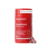 HumanN empaque frontal de SuperBeets muestra dosis y 180 cápsulas, claridad del producto