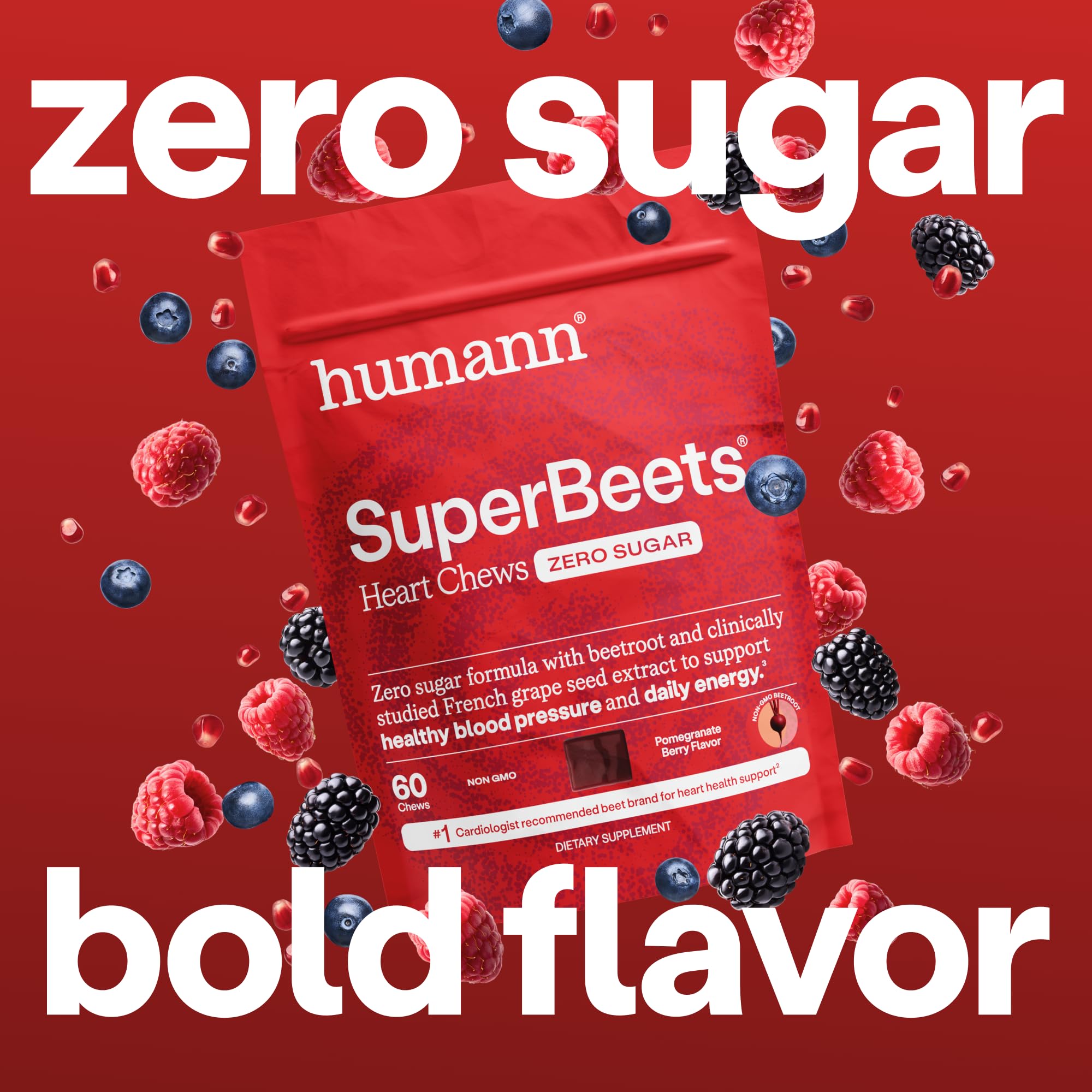 HumanN gomitas SuperBeets en primer plano, sabor pomegranate berry apetitoso