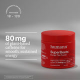 HumanN vaso con SuperBeets disuelto ilustrando bebida energizante lista