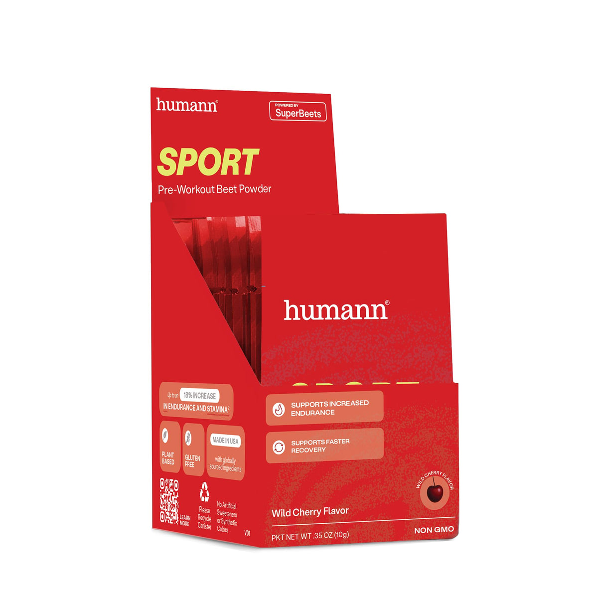 HumanN SuperBeets Sport frente del empaque mostrando sobres, práctico para pre-entreno