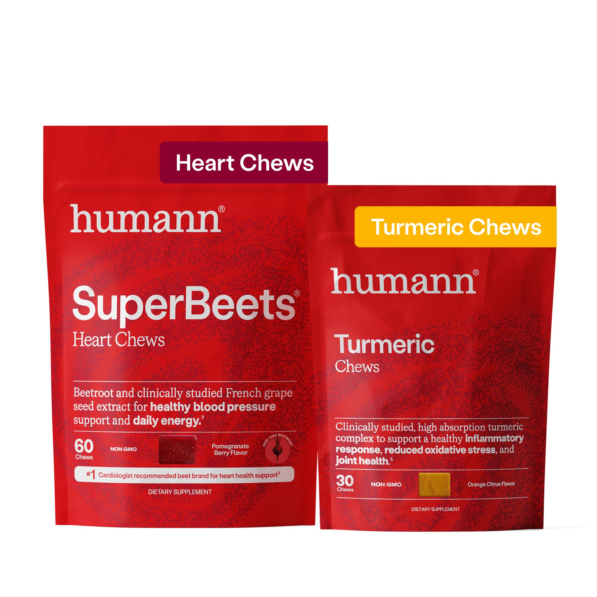 HumanN empaques frontales SuperBeets y Turmeric que muestran conveniencia y confianza