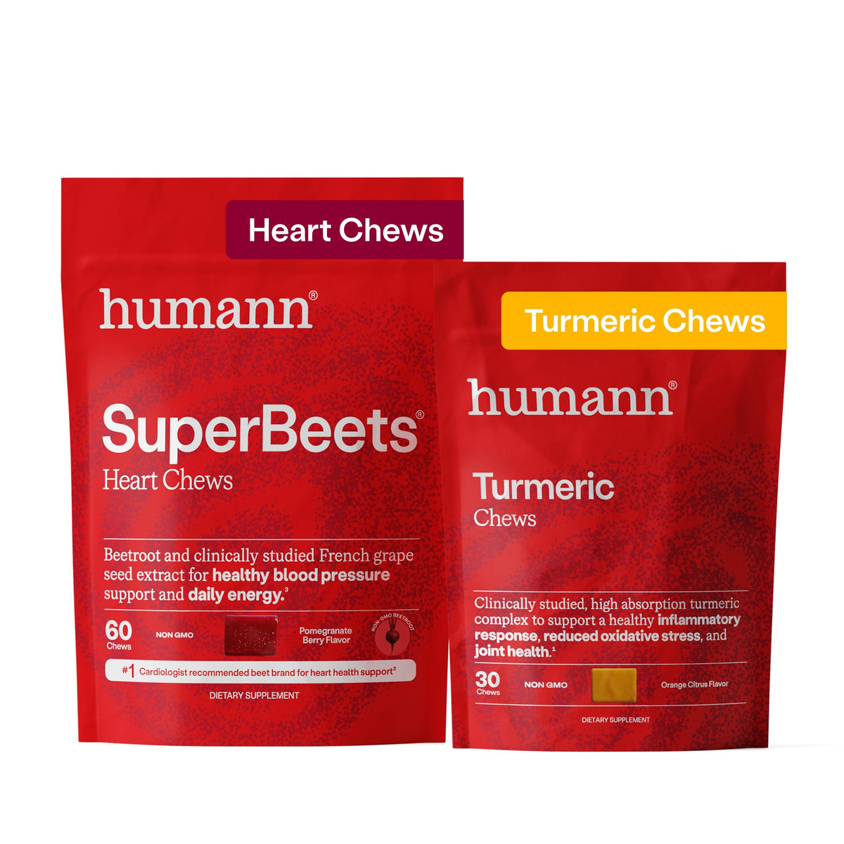 HumanN empaques frontales SuperBeets y Turmeric que muestran conveniencia y confianza
