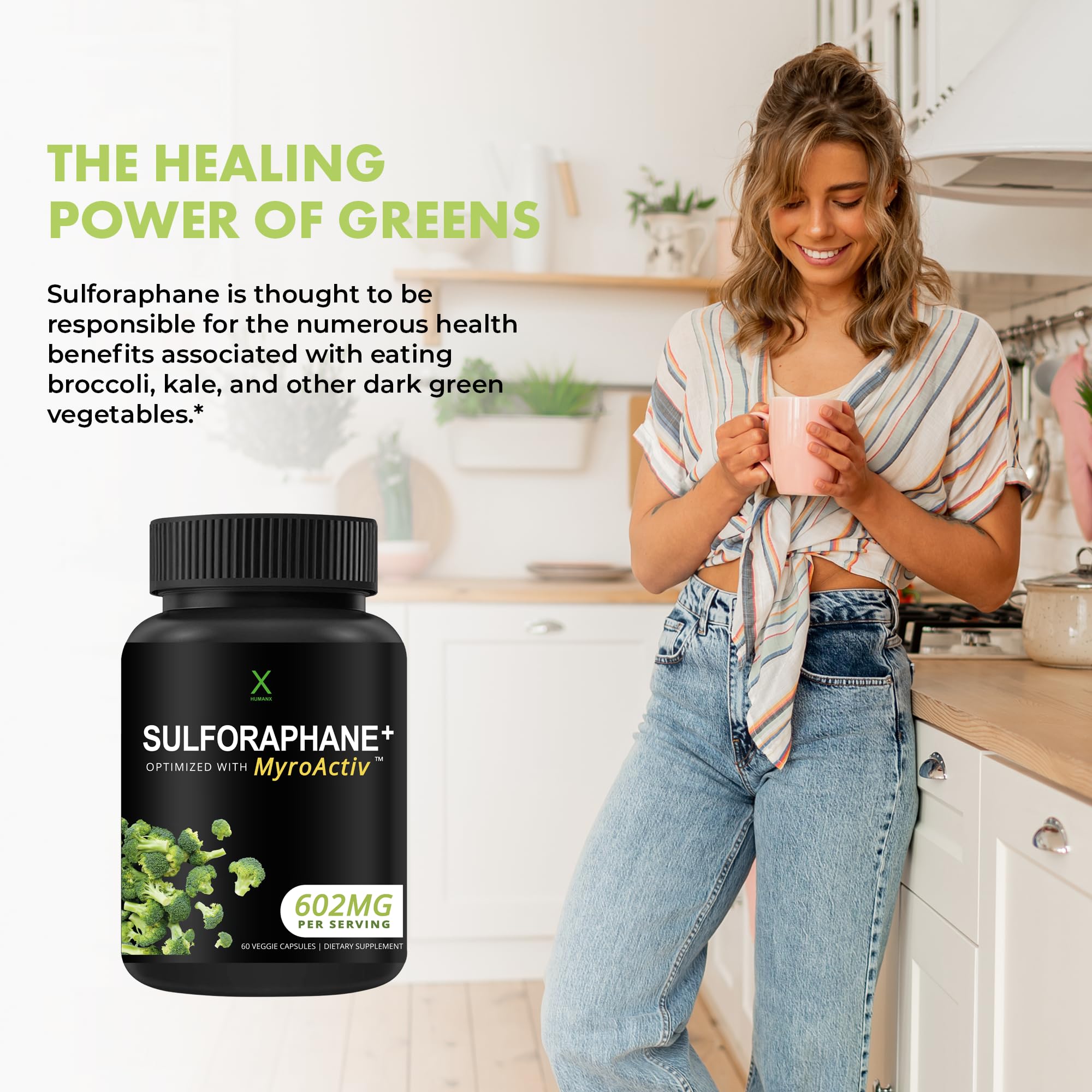 Cápsulas HUMANX Sulforaphane+ en la mano para comparar escala y dosificación