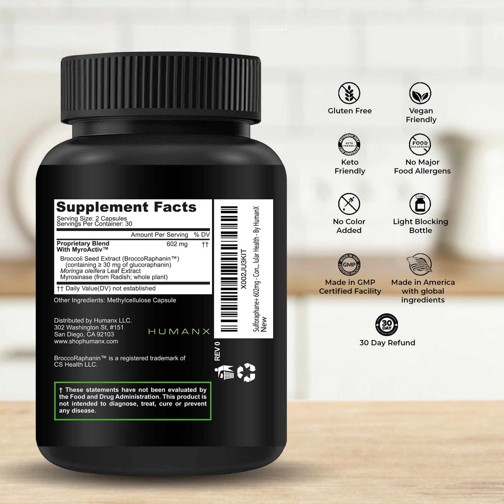 Detalle de cápsulas HUMANX Sulforaphane+ que resalta textura y tamaño cómodo