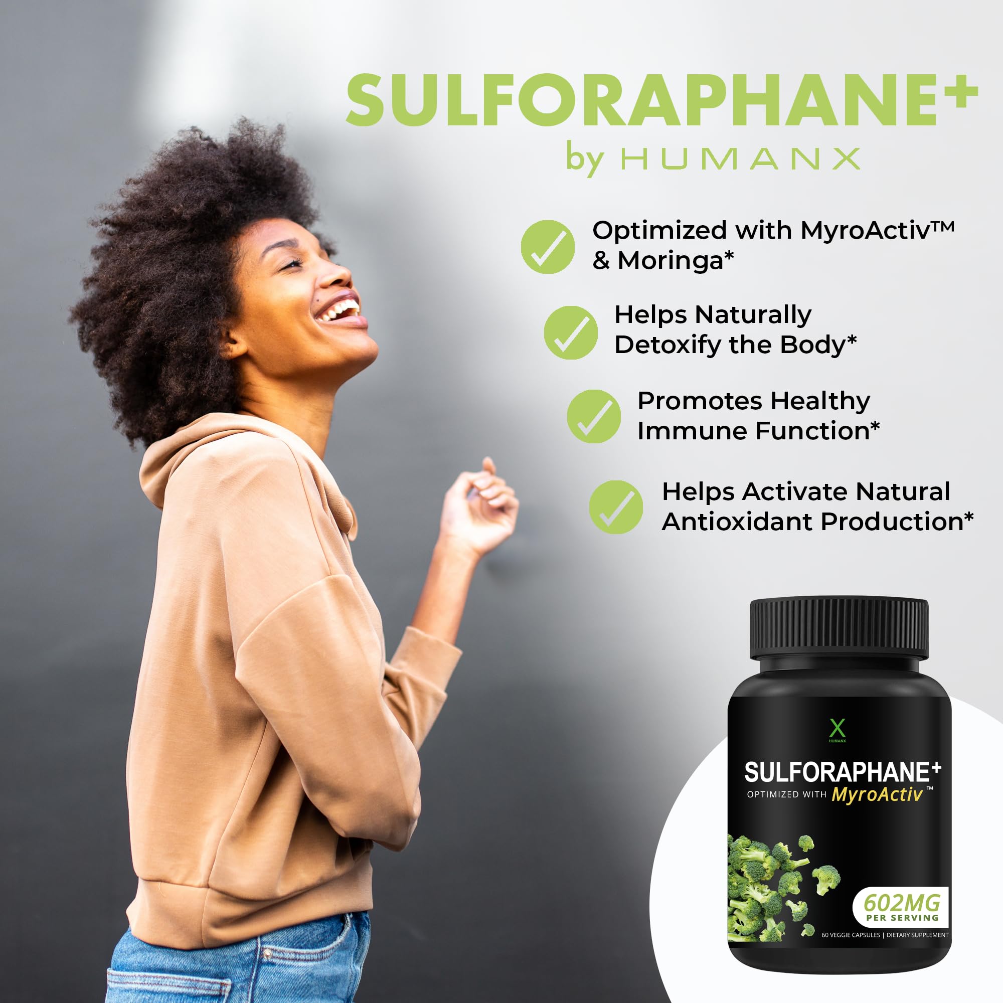 Primer plano de la etiqueta HUMANX Sulforaphane+ con información de ingredientes