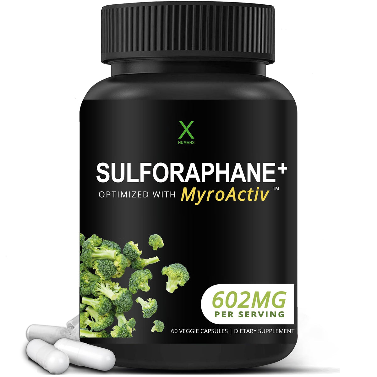 HUMANX Sulforaphane+ envase frontal que muestra diseño y beneficios clave