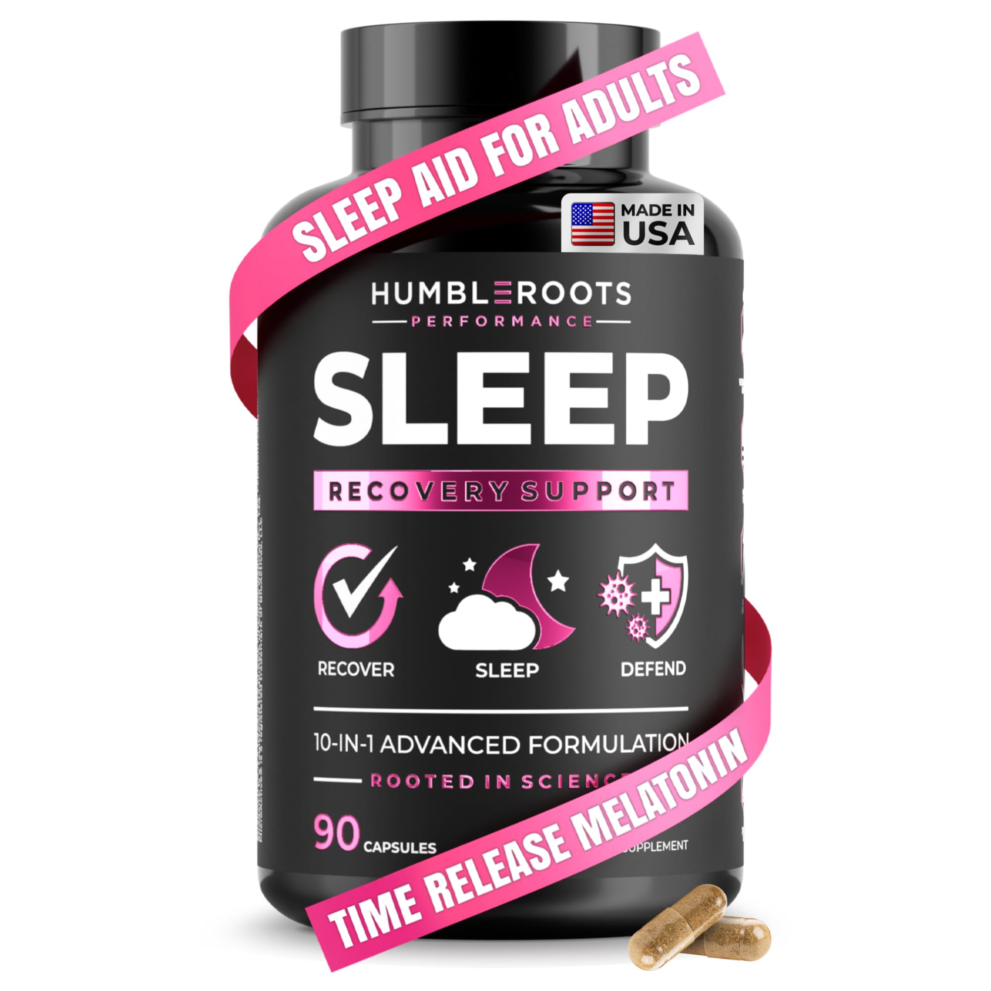 HUMBLEROOTS PERFORMANCE envase frontal mostrando SLEEP y beneficios nocturnos