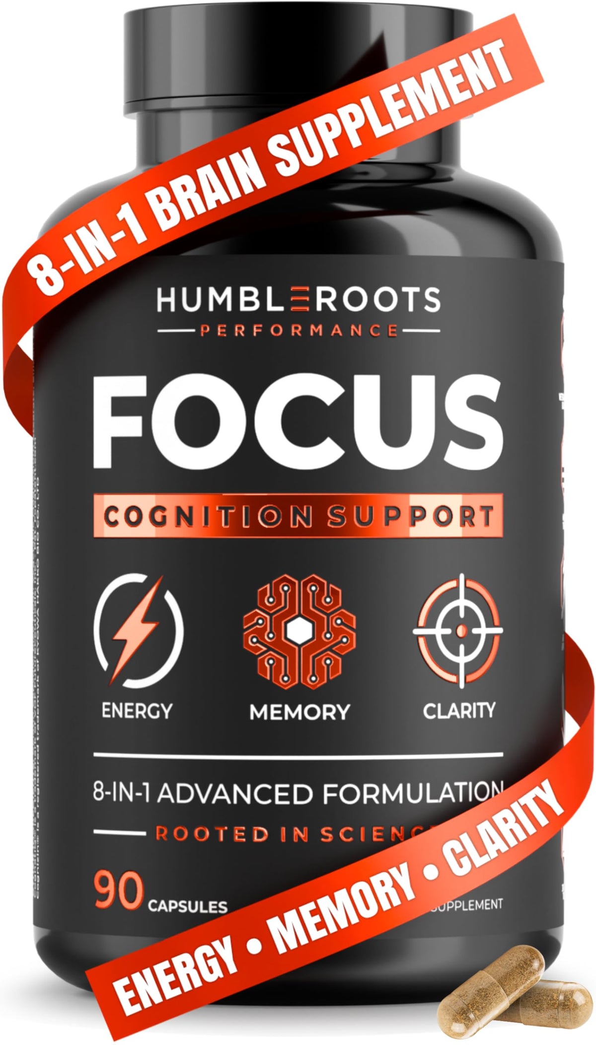 HUMBLEROOTS FOCUS frasco frontal mostrando presentación y beneficio concentración