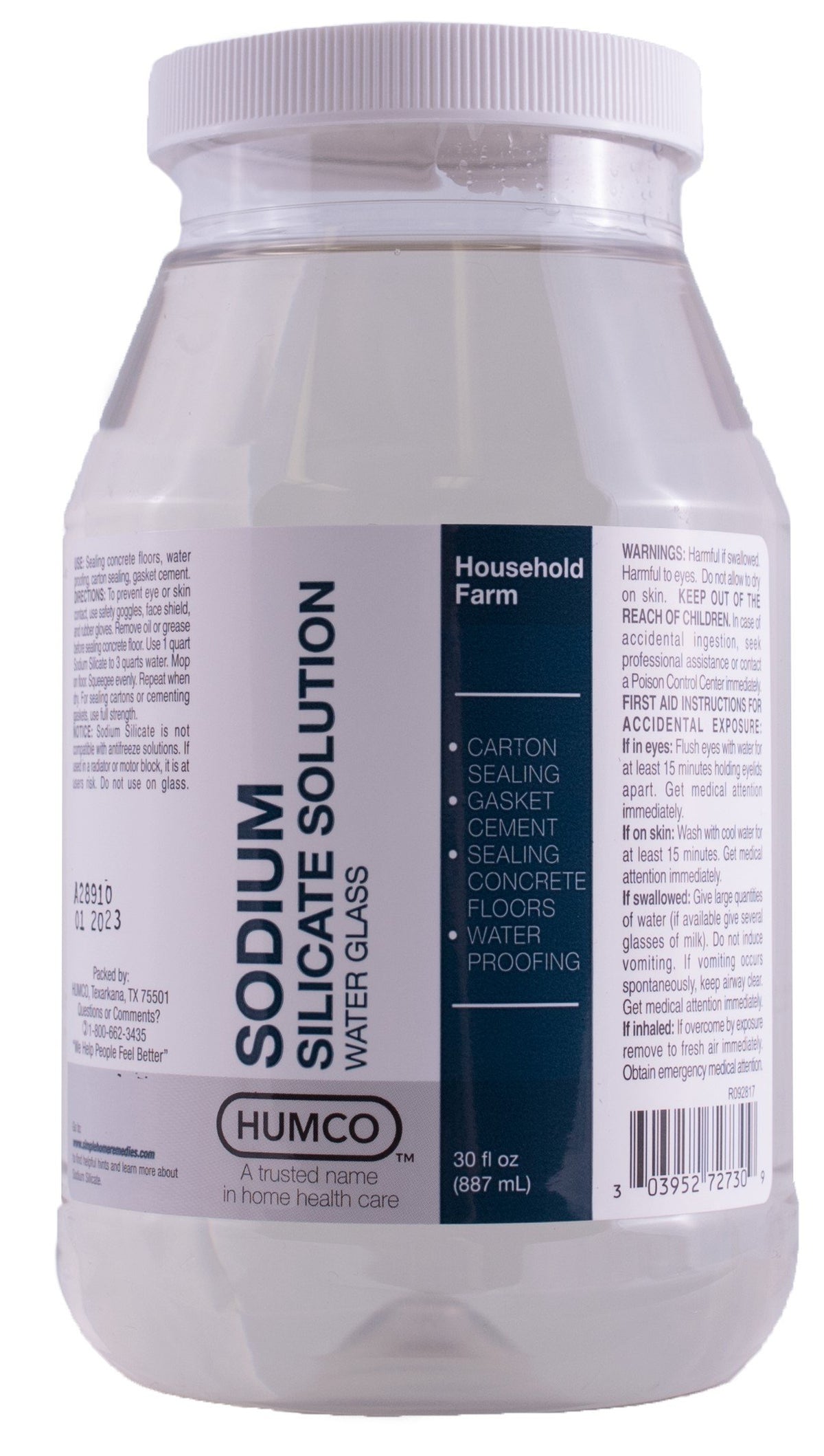 Humco envase frontal de silicato de sodio 30 oz mostrando etiqueta y uso versátil