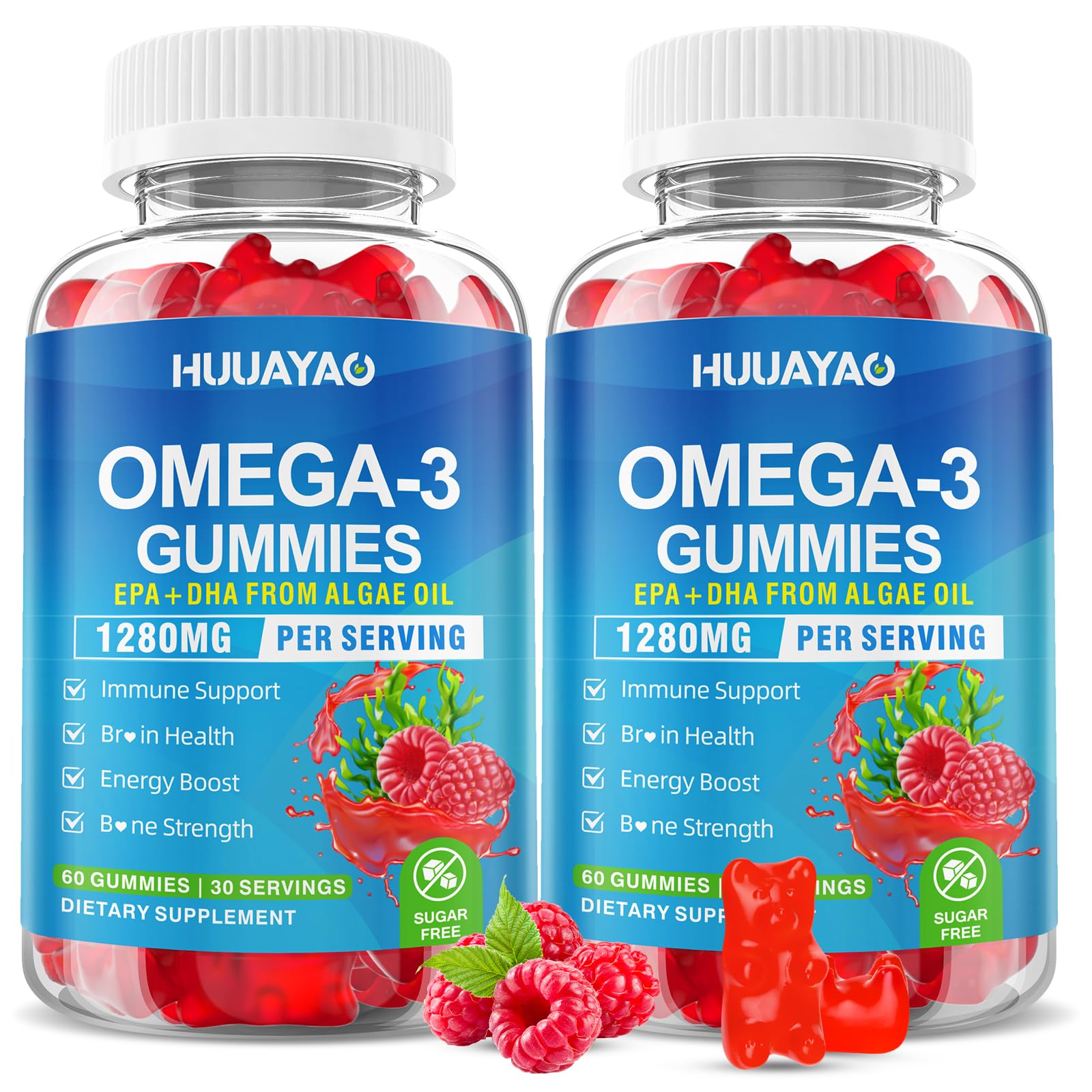 HUUAYAO envase frontal de gomitas frambuesa, presentación clara y atractiva