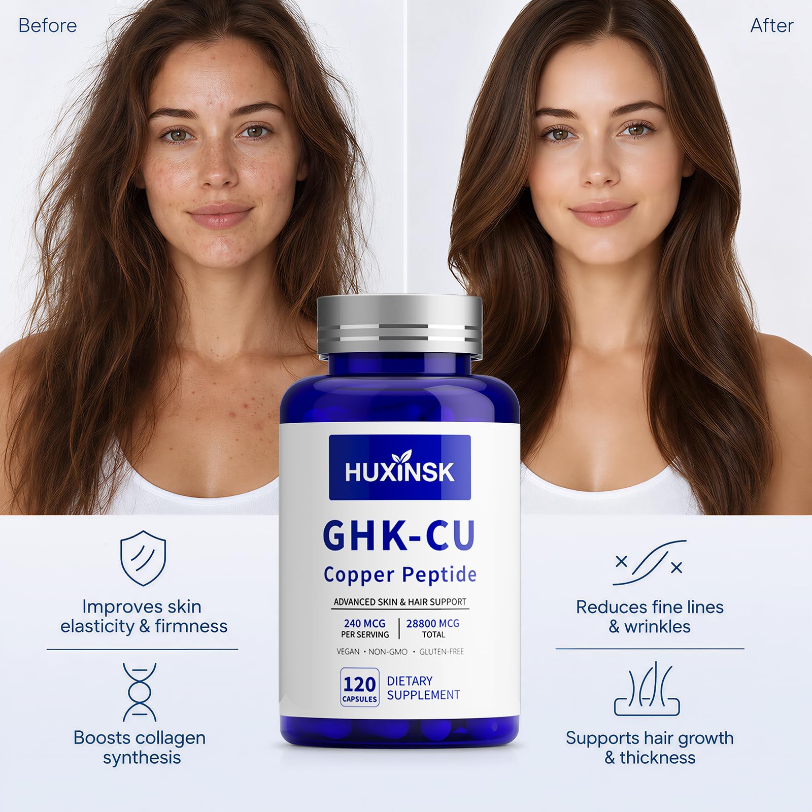 HUXINSK primer plano de cápsula liposomal mostrando textura y absorción mejorada