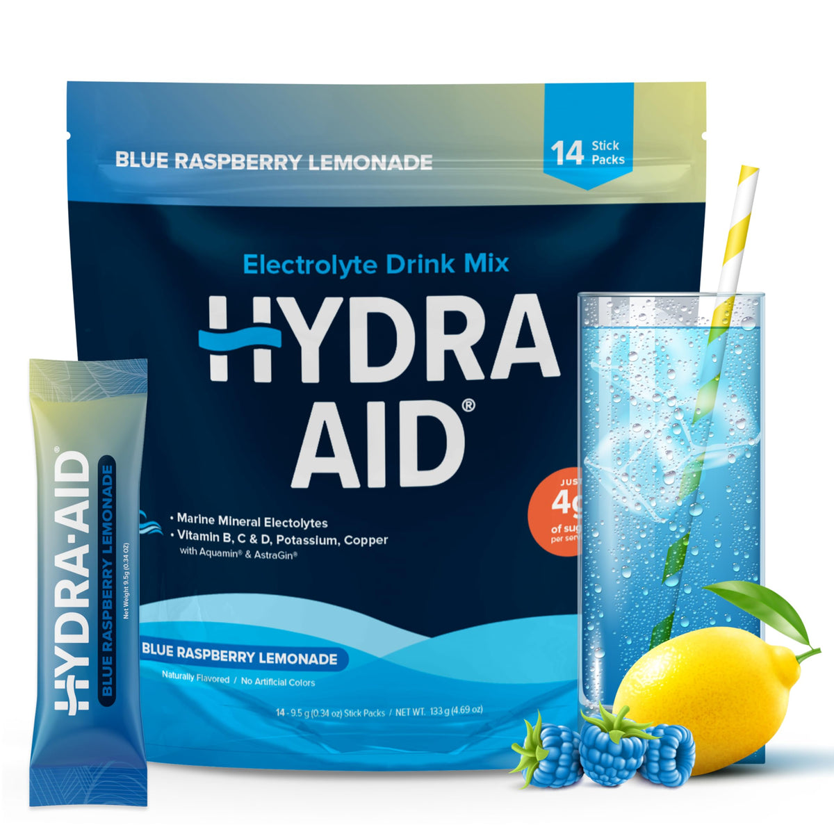 HYDRA AID frente del empaque mostrando 14 sobres y beneficios