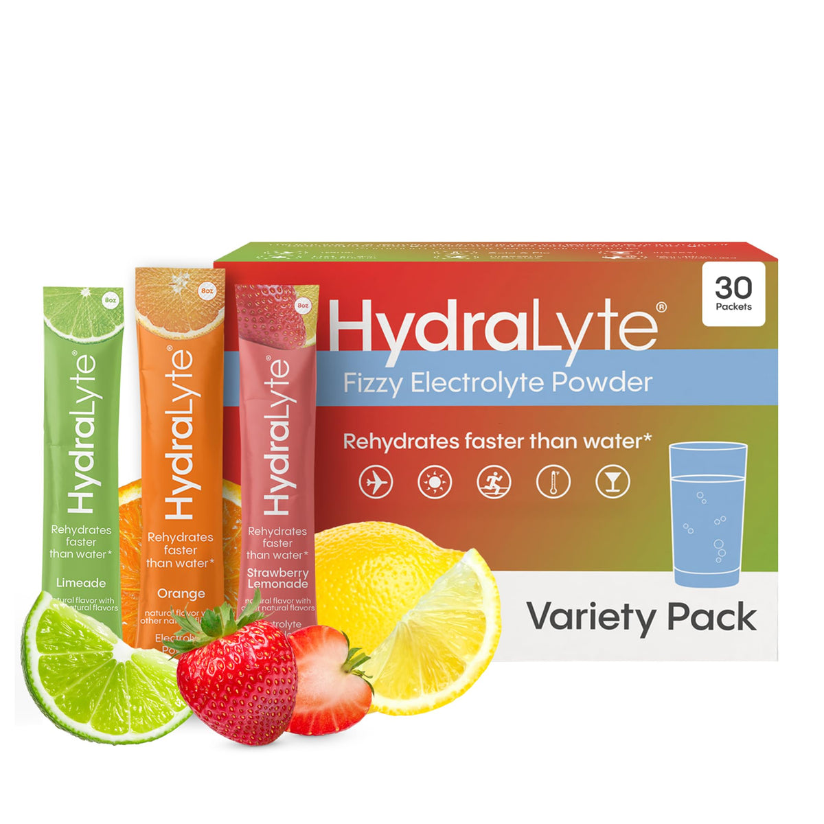 Hydralyte empaque frontal con sobres, presentación clara y portátil