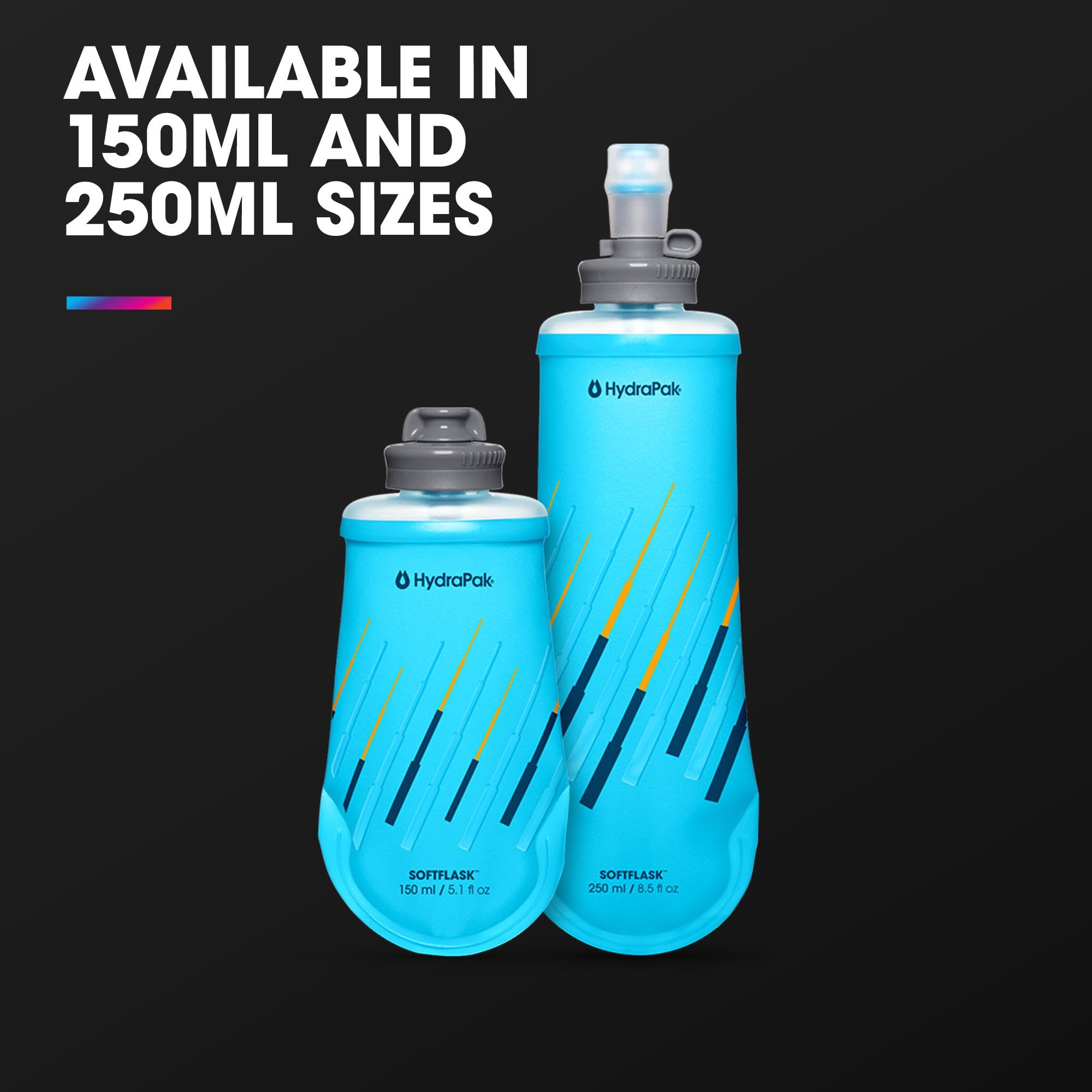 HydraPak comparación de tamaño junto a una mano para escala