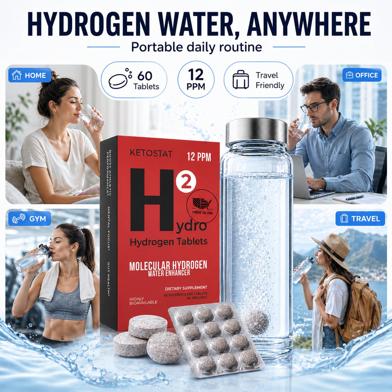 HYDRO HYDROGEN TABLETS detalle de textura de la tableta y manejo seguro