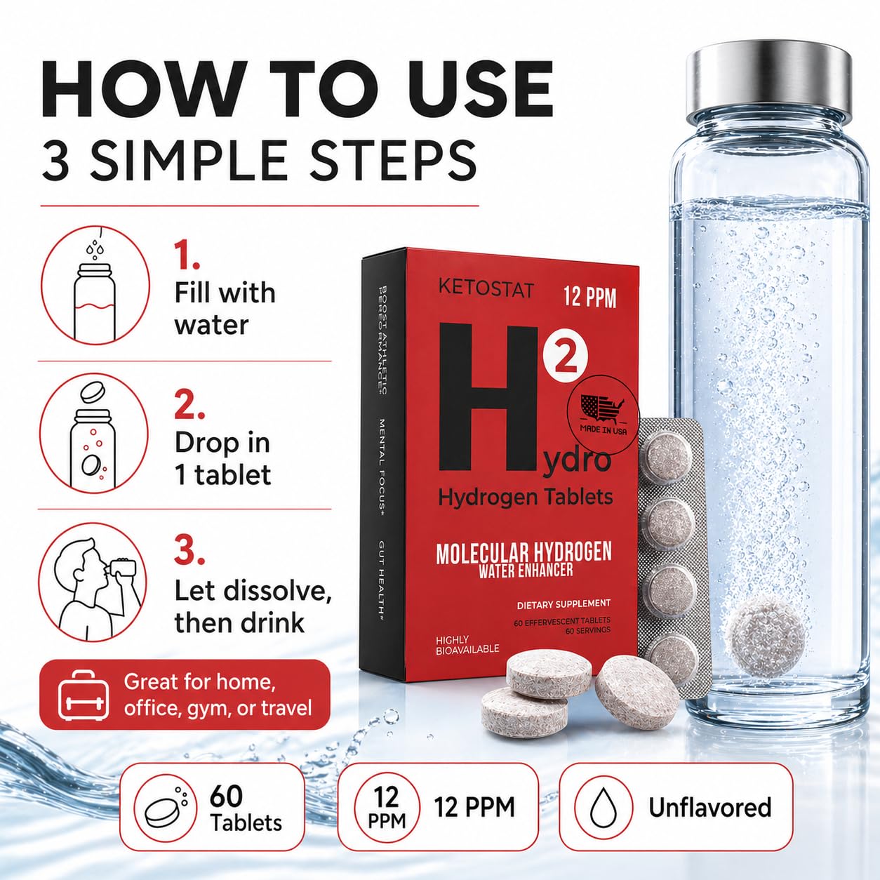HYDRO HYDROGEN TABLETS efervescencia en vaso mostrando generación de nanoburbujas