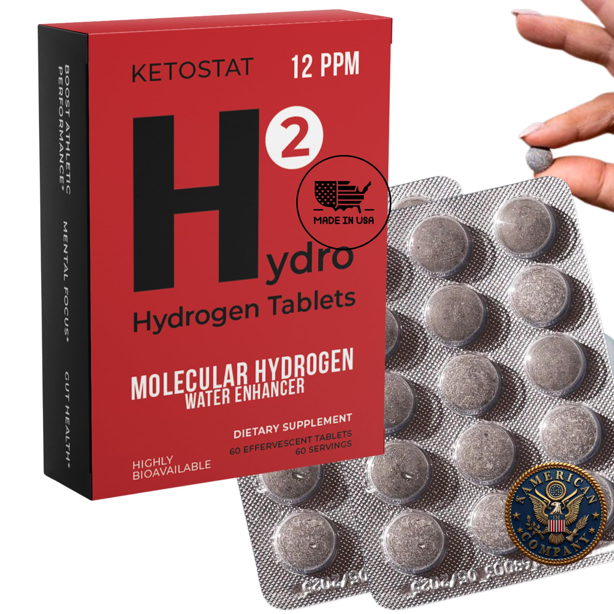 HYDRO HYDROGEN TABLETS frontal del envase mostrando 60 tabletas y beneficio portátil