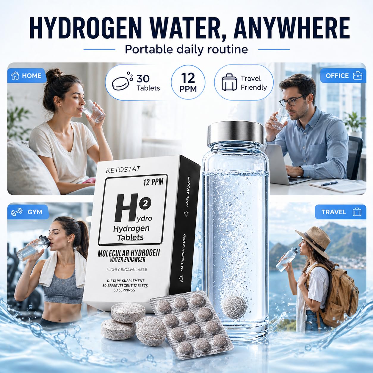 HYDRO HYDROGEN TABLETS nanoburbujas visibles en agua que mejoran solubilidad