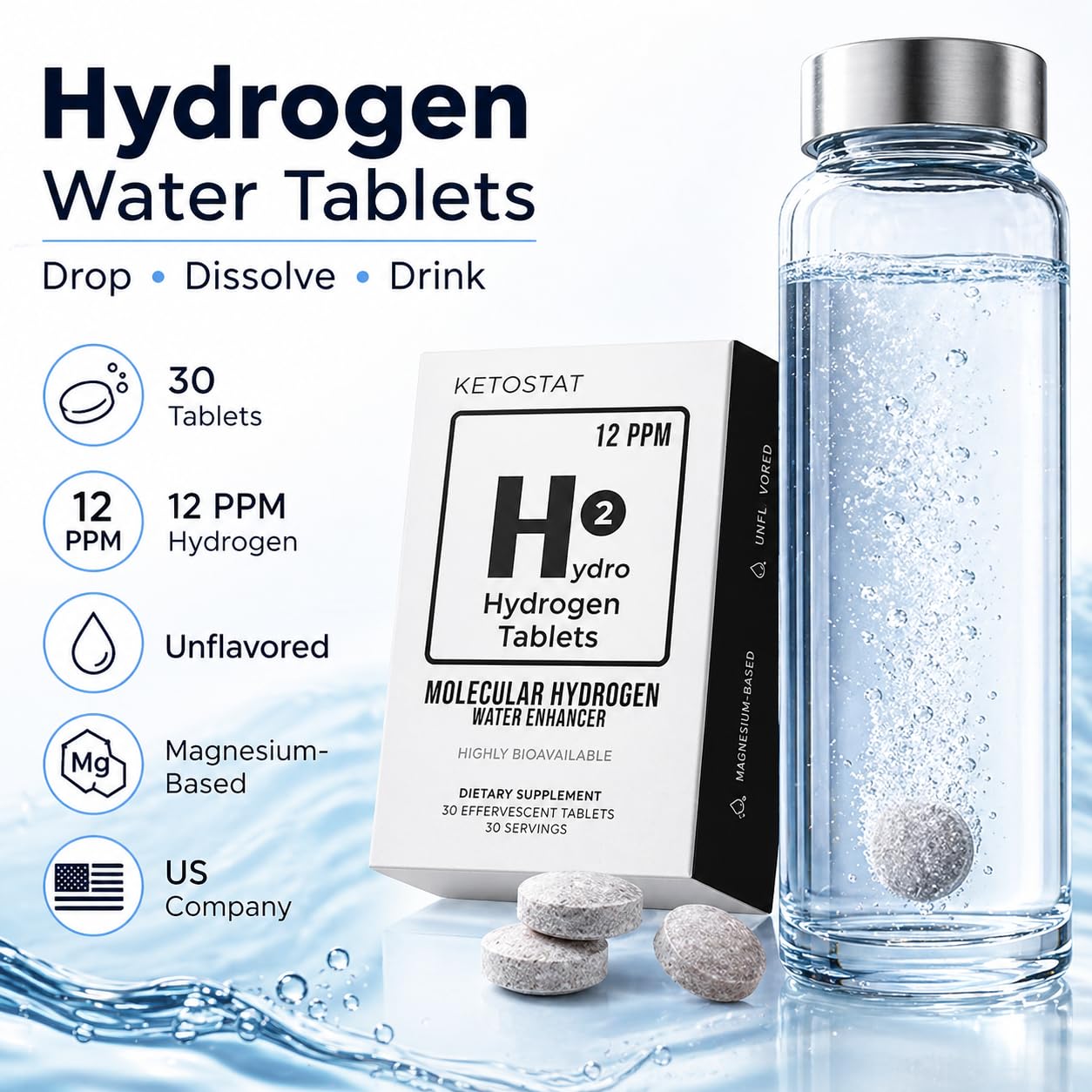 HYDRO HYDROGEN TABLETS tableta efervescente en primer plano muestra textura y tamaño