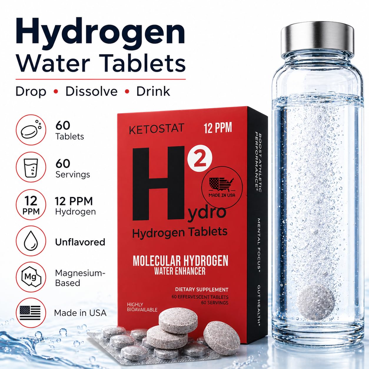 HYDRO HYDROGEN TABLETS tableta cerca para ver forma y facilidad de uso