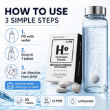 HYDRO HYDROGEN TABLETS comparación de tamaño junto a una botella para escala