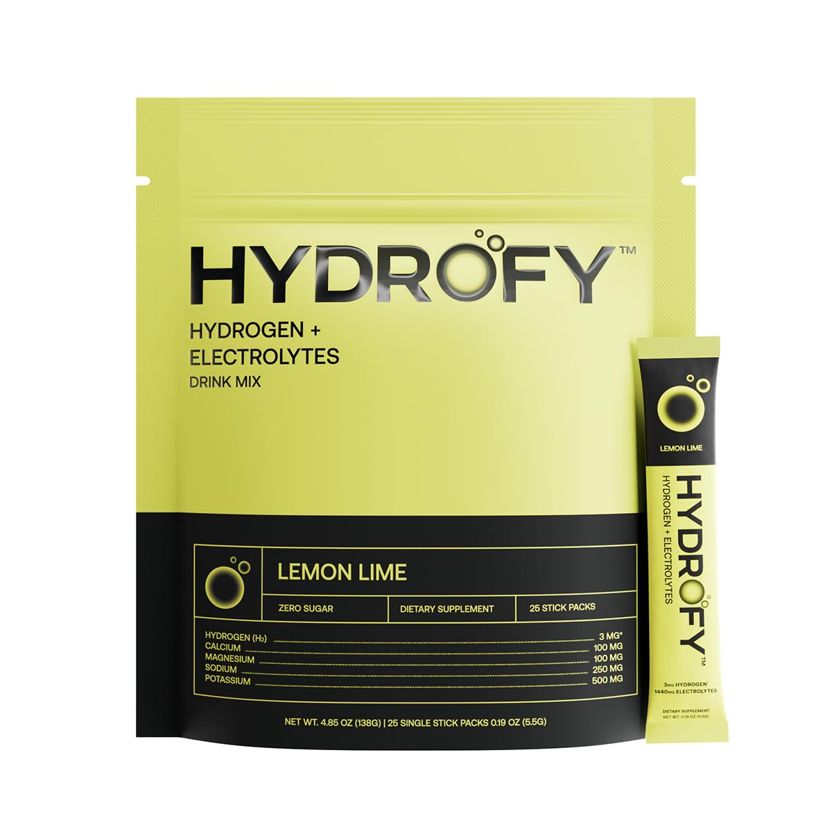 Hydrofy frente del paquete Lemon Lime mostrando presentación y ventaja sin azúcar
