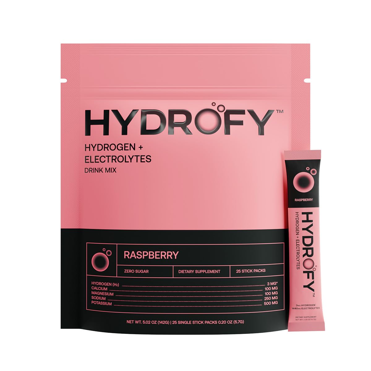 Hydrofy frontal del paquete frambuesa mostrando 25 sobres y beneficio portátil