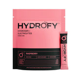 Hydrofy frontal del paquete frambuesa mostrando 25 sobres y beneficio portátil