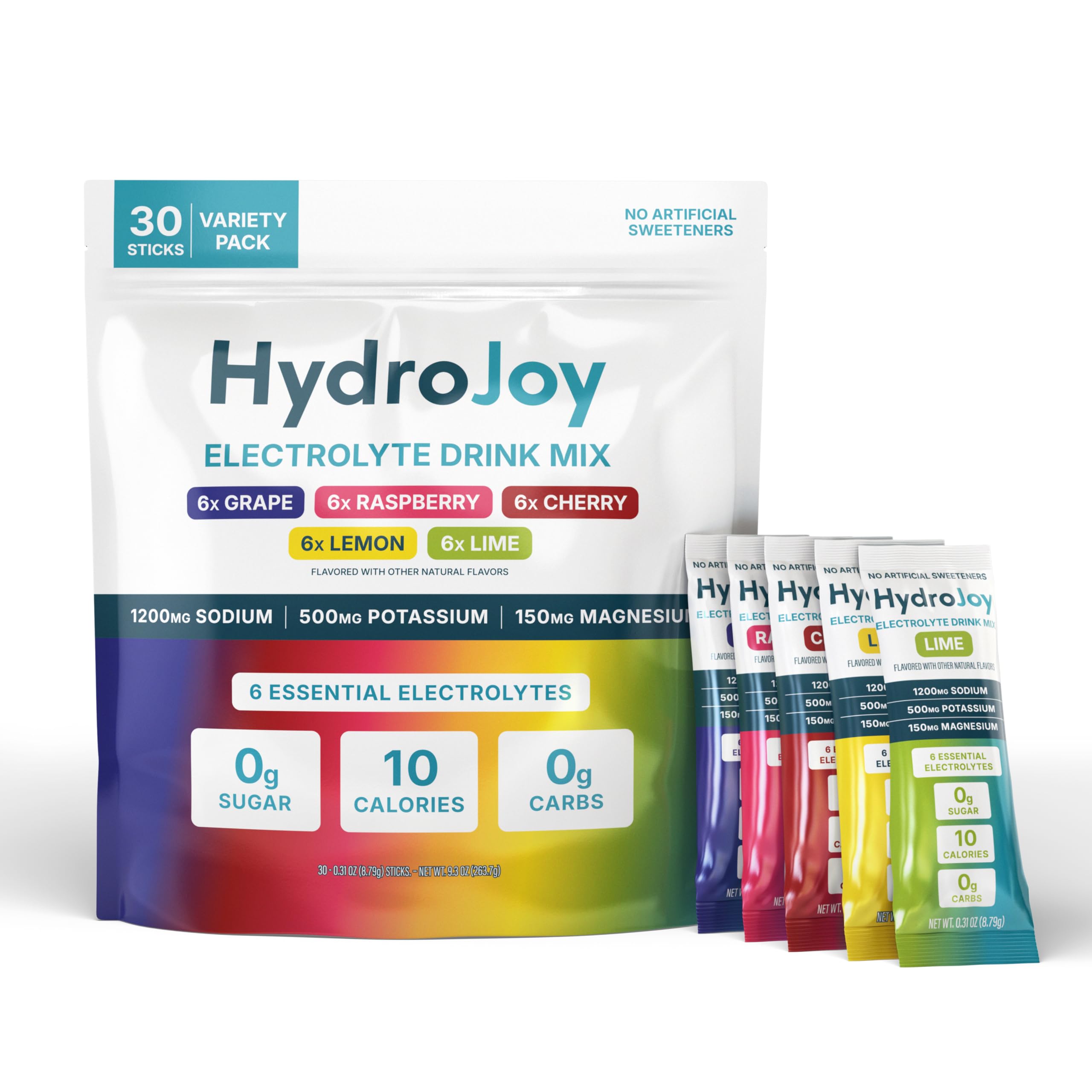 HydroJoy paquete frontal mostrando 30 sobres y beneficios de electrolitos