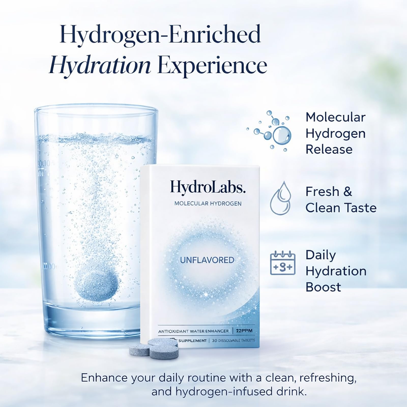 HydroLabs tableta efervescente en agua liberando gas, preparación rápida