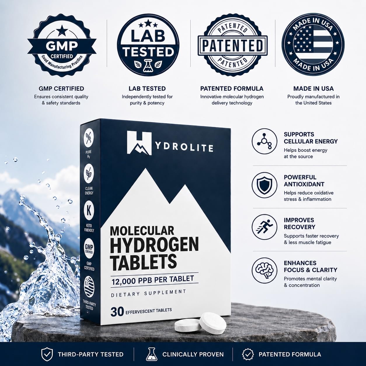 HydroLite tableta disolviéndose en un vaso para hidratación instantánea