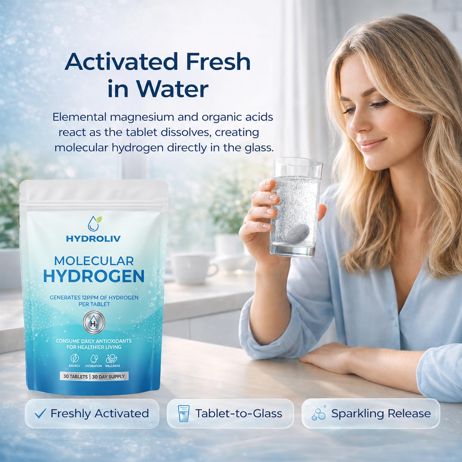 Hydroliv caja abierta con tabletas organizadas para dosificación sencilla