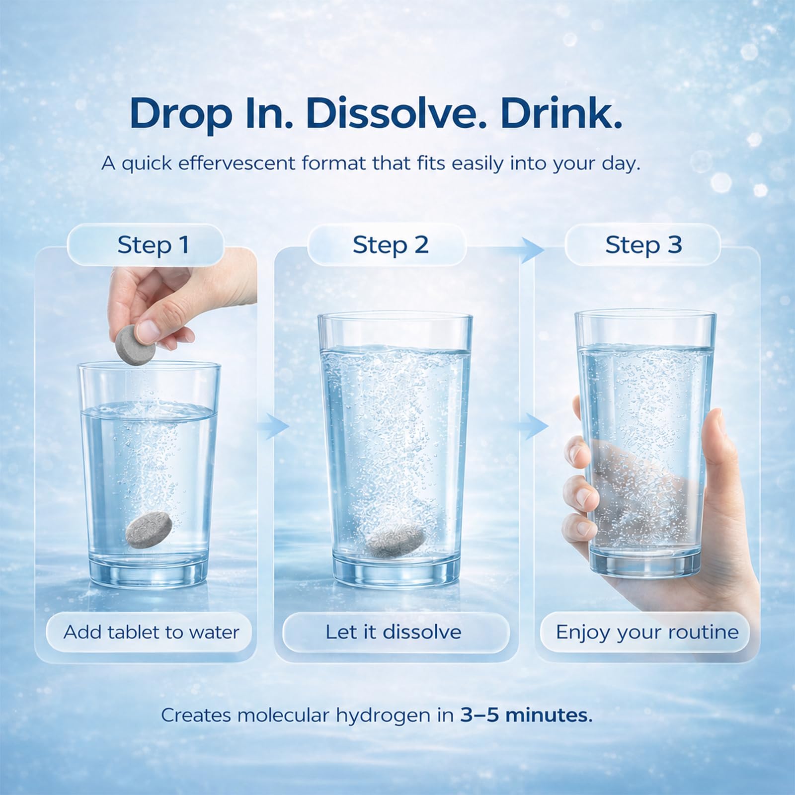 Hydroliv tableta efervesciendo en vaso mostrando fácil preparación