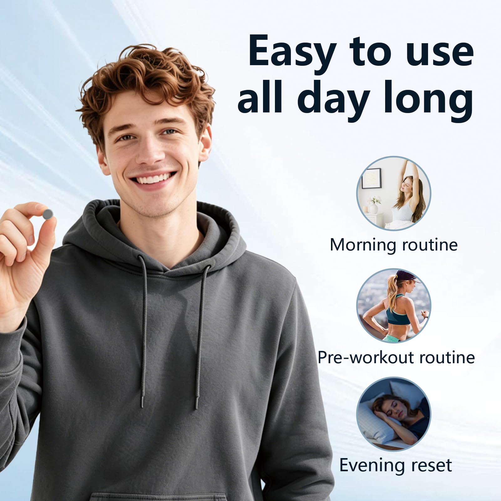 Hydroliv persona bebiendo en oficina, promueve energía y claridad sin cafeína