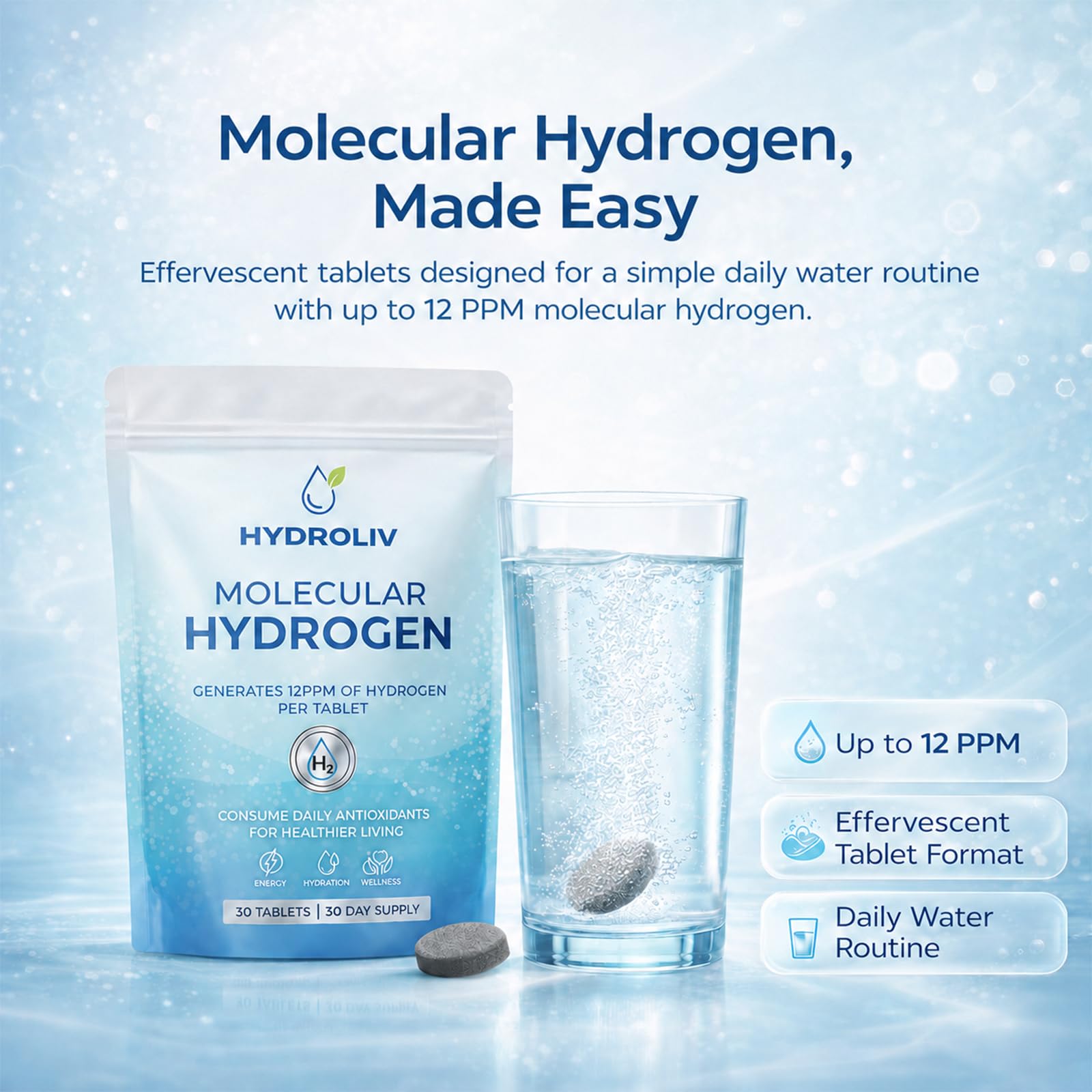 Hydroliv tableta en primer plano con textura mineral que indica potencia
