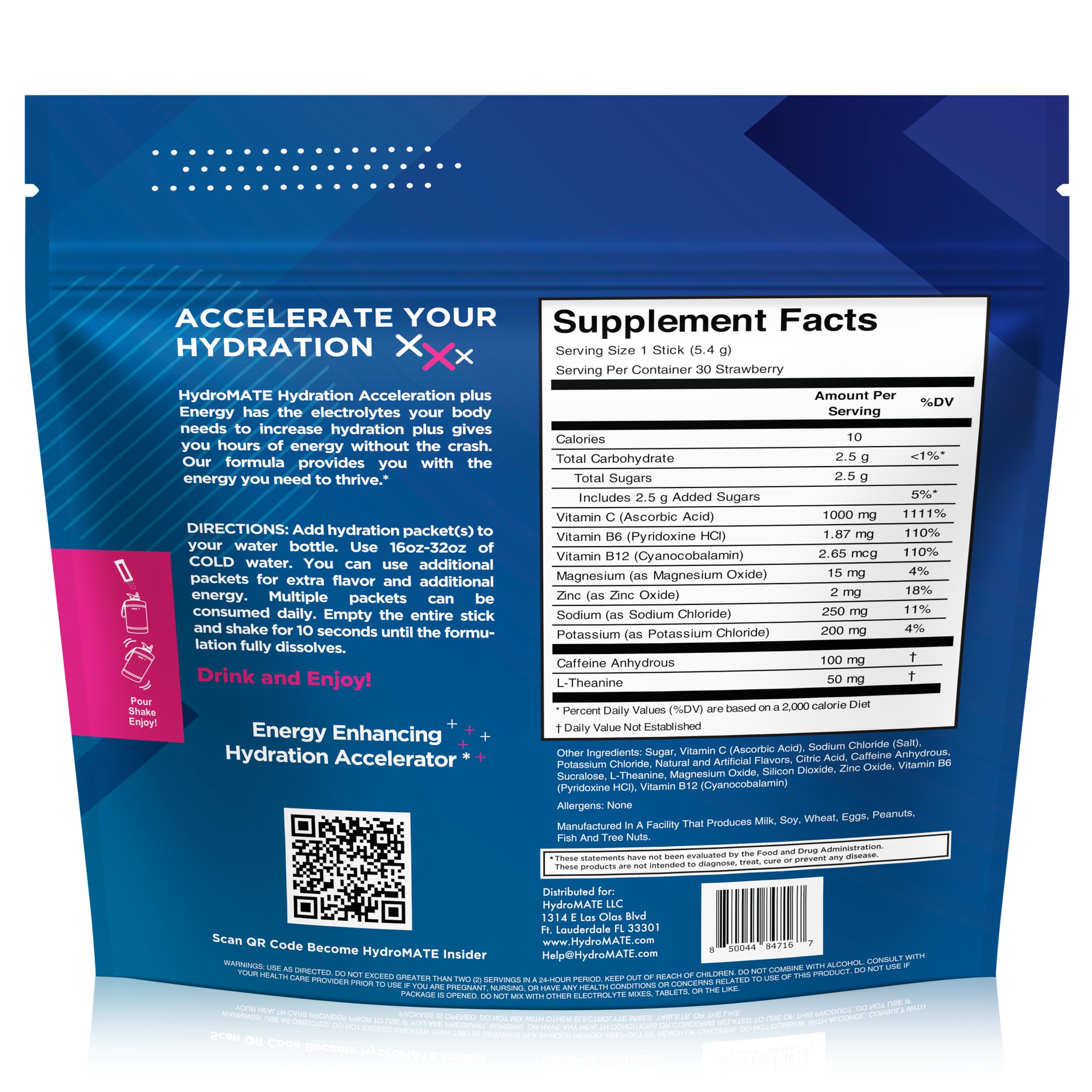 HydroMATE etiqueta con ingredientes y vitamina C visible para confianza