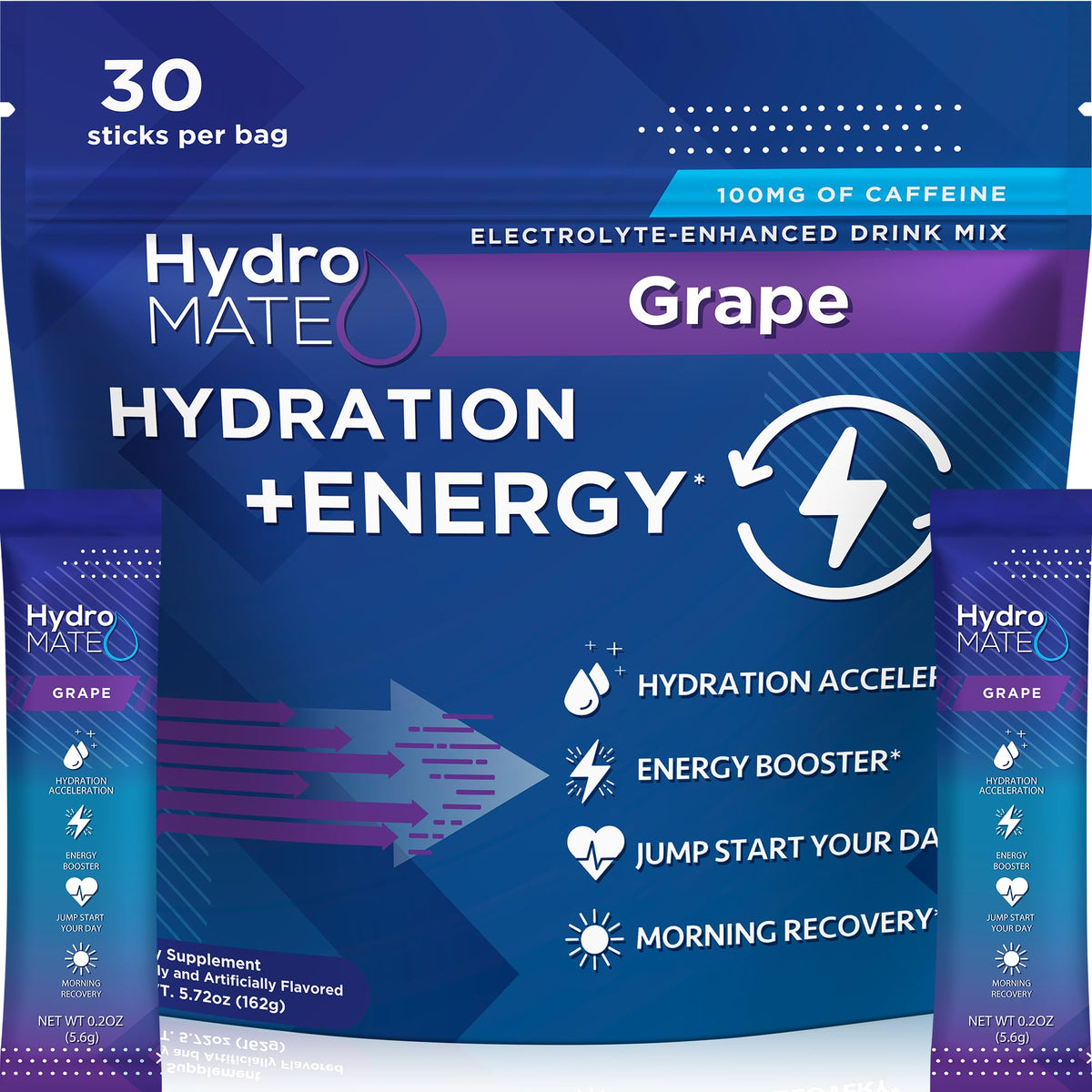 HydroMATE frente del empaque grape mostrando 30 sobres, conveniencia para viajes