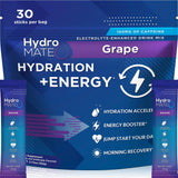 HydroMATE frente del empaque grape mostrando 30 sobres, conveniencia para viajes