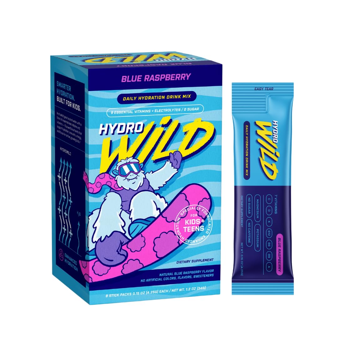 HydroWild frente del paquete Blue Raspberry que muestra presentación y beneficios