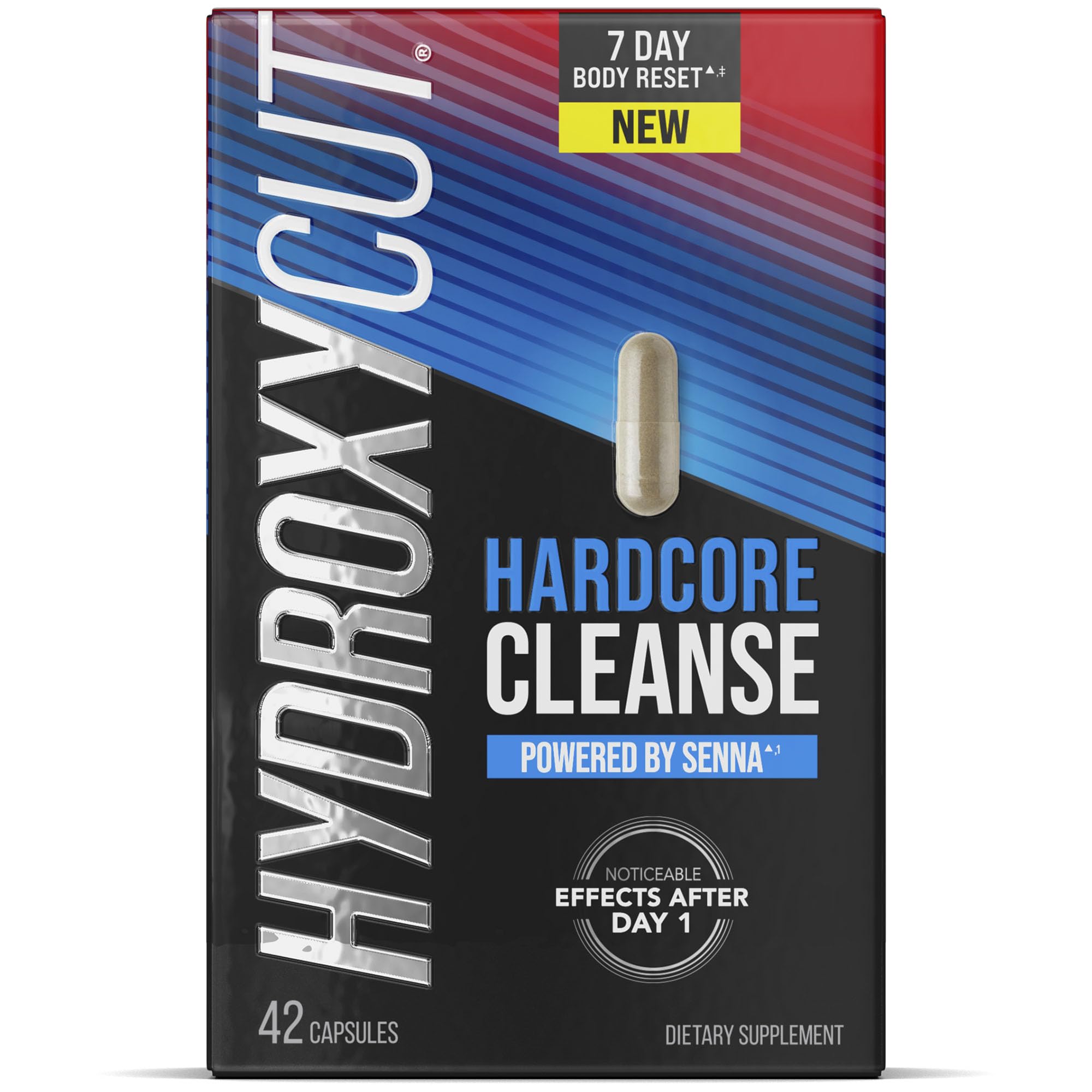 Hydroxycut envase frontal mostrando 42 cápsulas y beneficio de reset