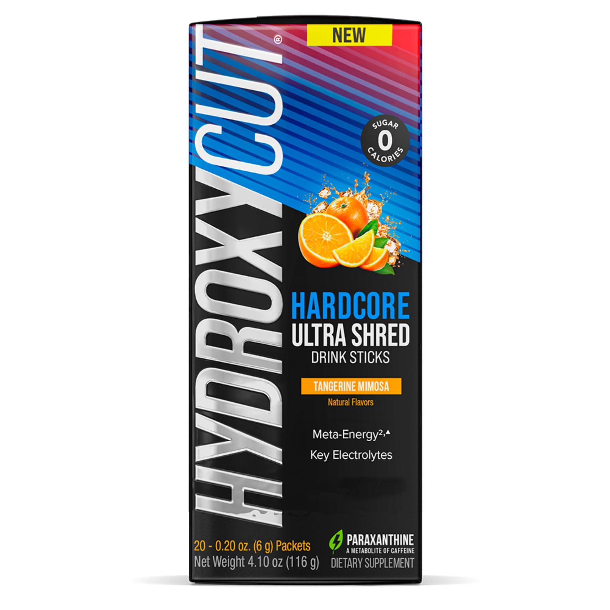 Hydroxycut caja abierta mostrando 20 sobres, conveniente para llevar