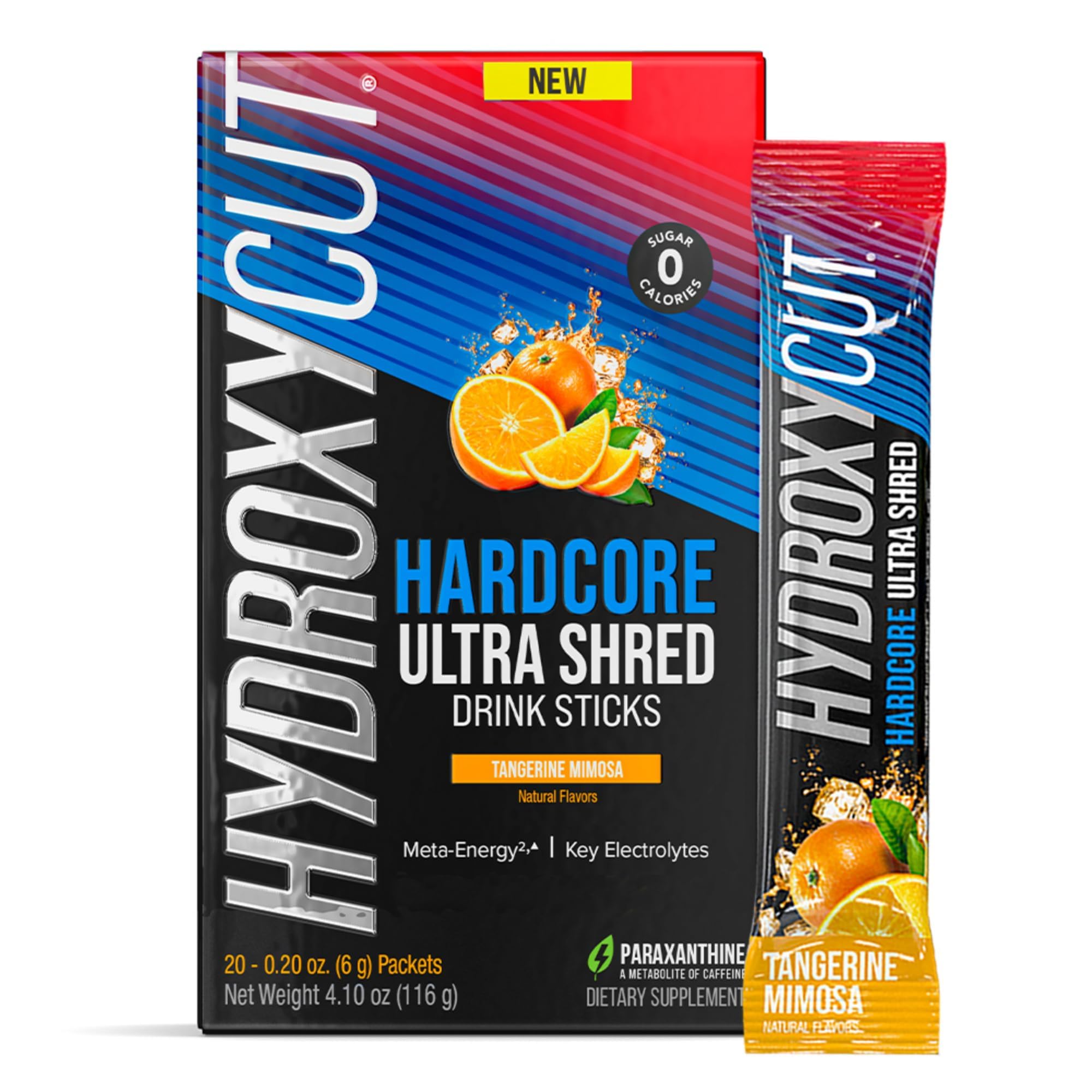 Hydroxycut frente del empaque mostrando sabor Tangerine Mimosa y beneficio energía