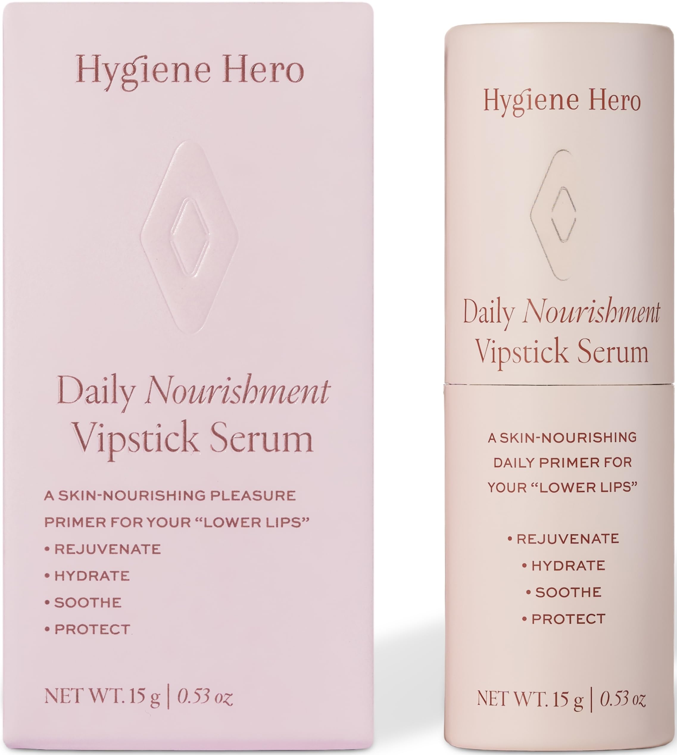Hygiene Hero Vipstick Serum empaque frontal mostrando diseño y formato travel-friendly, ideal para hidratación íntima