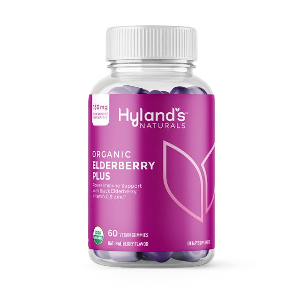 Hyland's frasco frontal mostrando gomitas orgánicas y beneficios