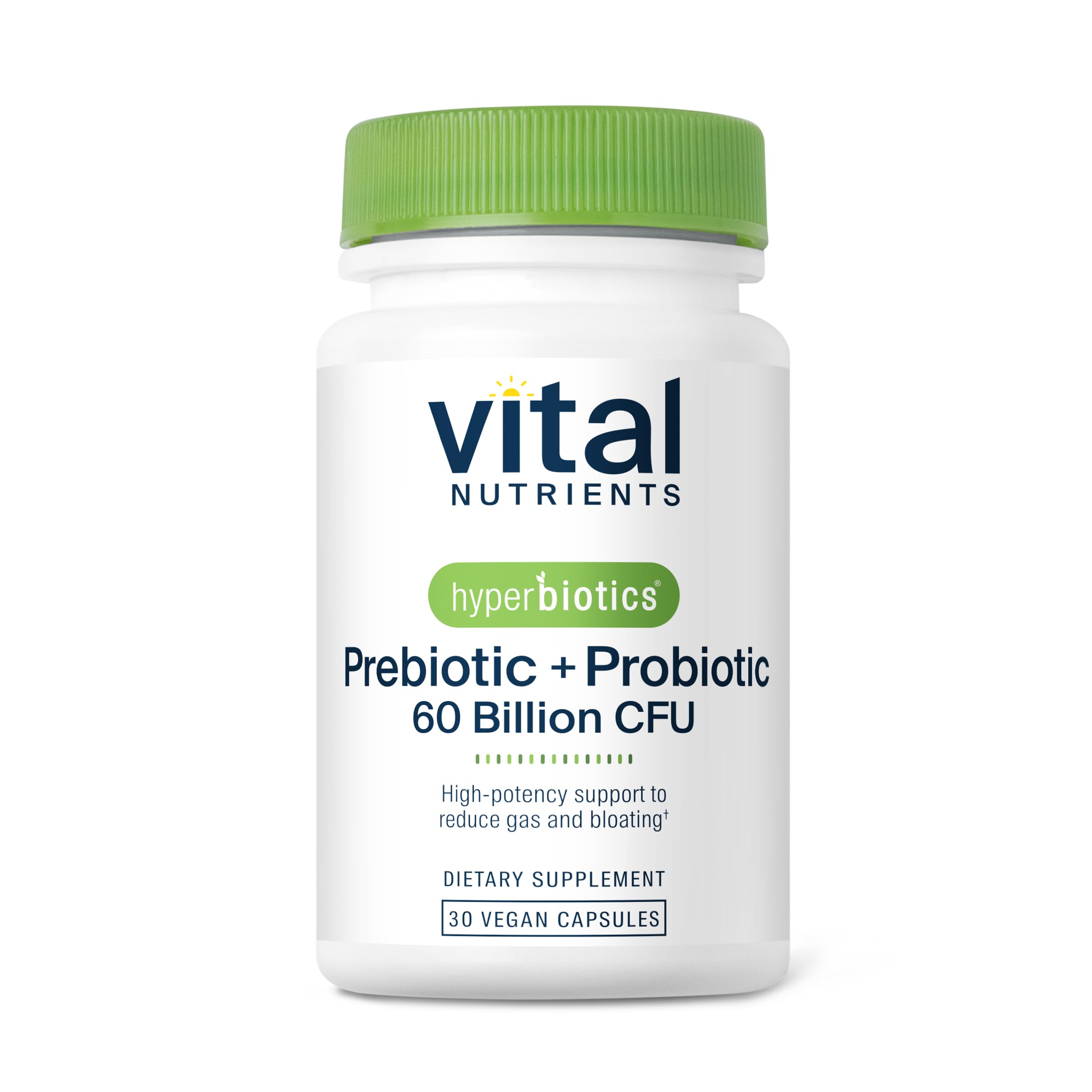 Hyperbiotics frasco frontal mostrando la etiqueta y beneficio digestivo