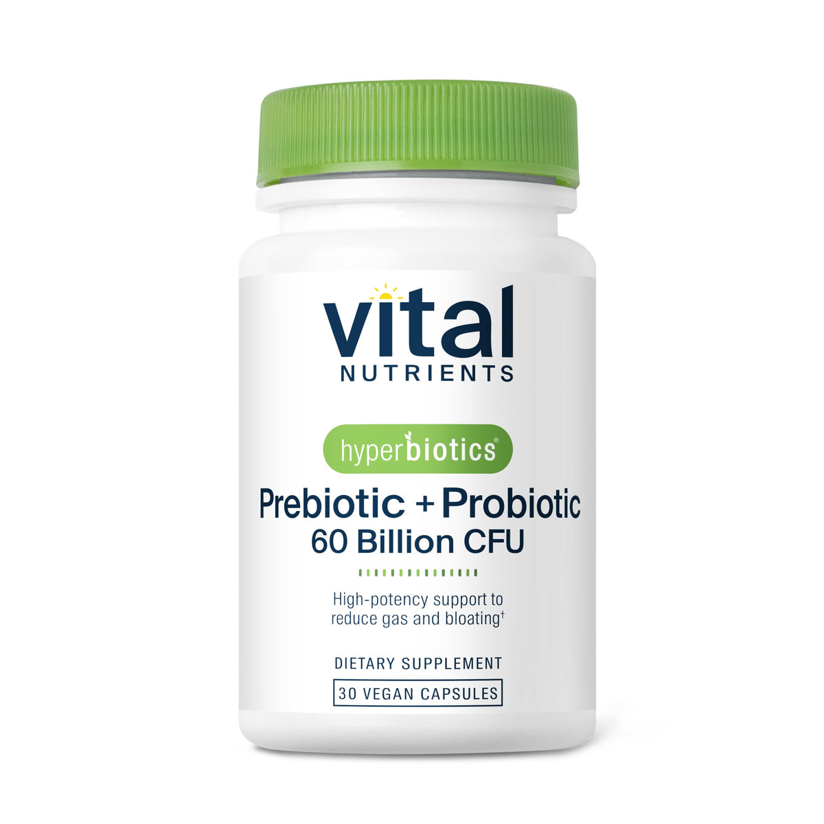 Hyperbiotics frasco frontal mostrando la etiqueta y beneficio digestivo