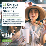Hyperbiotics etiqueta con lista de cepas e ingredientes clave visibles